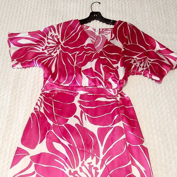 Mango Fuchsia/White Wrapped Satin Dress - Picture 3 of 5